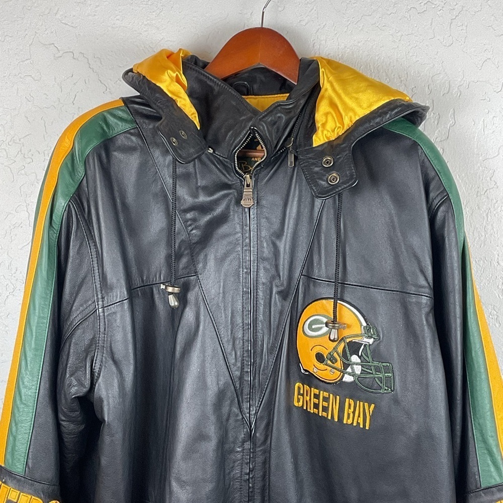 Vintage G-III by Carl Banks Full Zip Hooded Green Bay Packers Leather Jacket - Picture 2 of 14